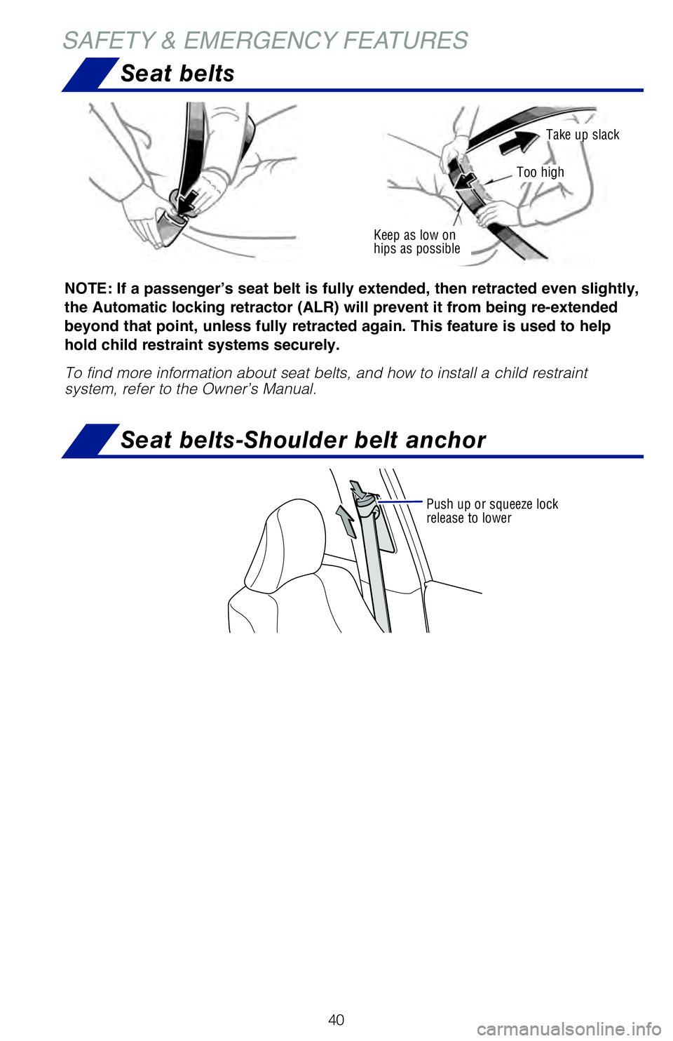 TOYOTA 4RUNNER 2020   (in English) Service Manual 40
SAFETY & EMERGENCY FEATURES
Push up or squeeze lock 
release to lower
Seat belts
Seat belts-Shoulder belt anchor
Keep as low on 
hips as possible
Take up slack
Too high
NOTE: If a passenger’s sea