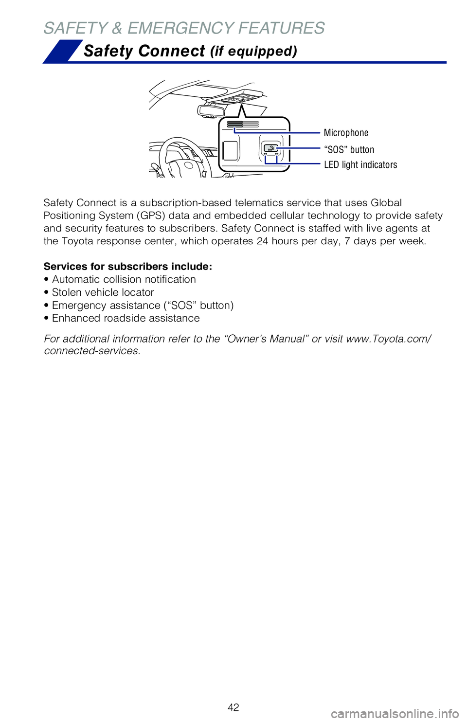 TOYOTA 4RUNNER 2020 Owners Manual (in English) 42
SAFETY & EMERGENCY FEATURES
Safety Connect (if equipped)
Safety Connect is a subscription-based telematics service that uses Global
Positioning System (GPS) data and embedded cellular technology TOYOTA 4RUNNER 2020 Owners Manual (in English) 42
SAFETY & EMERGENCY FEATURES
Safety Connect (if equipped)
Safety Connect is a subscription-based telematics service that uses Global
Positioning System (GPS) data and embedded cellular technology