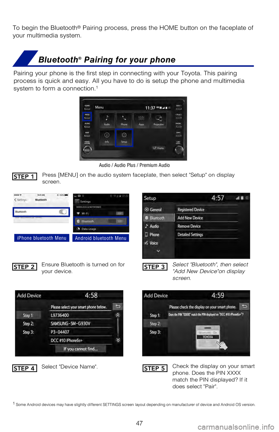 TOYOTA 4RUNNER 2020 (in English) User Guide 47
To begin the Bluetooth® Pairing process, press the HOME button on the faceplate of
your multimedia system.
Bluetooth® Pairing for your phone
Pairing your phone is the first step in connecting wi TOYOTA 4RUNNER 2020 (in English) User Guide 47
To begin the Bluetooth® Pairing process, press the HOME button on the faceplate of
your multimedia system.
Bluetooth® Pairing for your phone
Pairing your phone is the first step in connecting wi