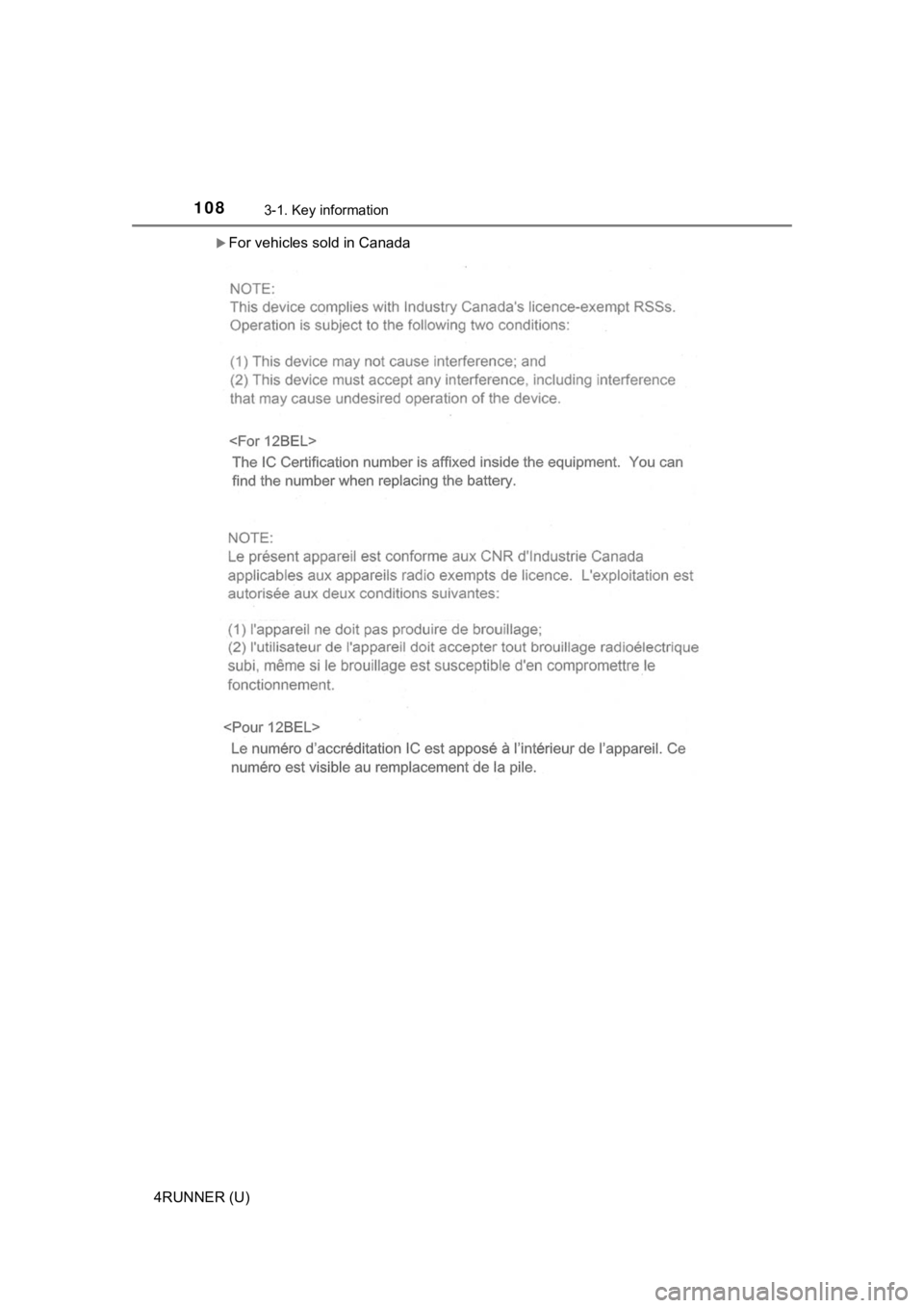 TOYOTA 4RUNNER 2020  Owners Manual (in English) 1083-1. Key information
4RUNNER (U)
For vehicles sold in Canada 