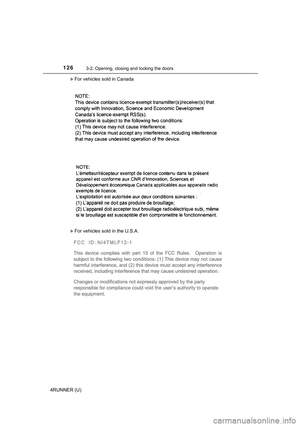 TOYOTA 4RUNNER 2020  Owners Manual (in English) 1263-2. Opening, closing and locking the doors
4RUNNER (U)
For vehicles sold in Canada
For vehicles sold in the U.S.A. 