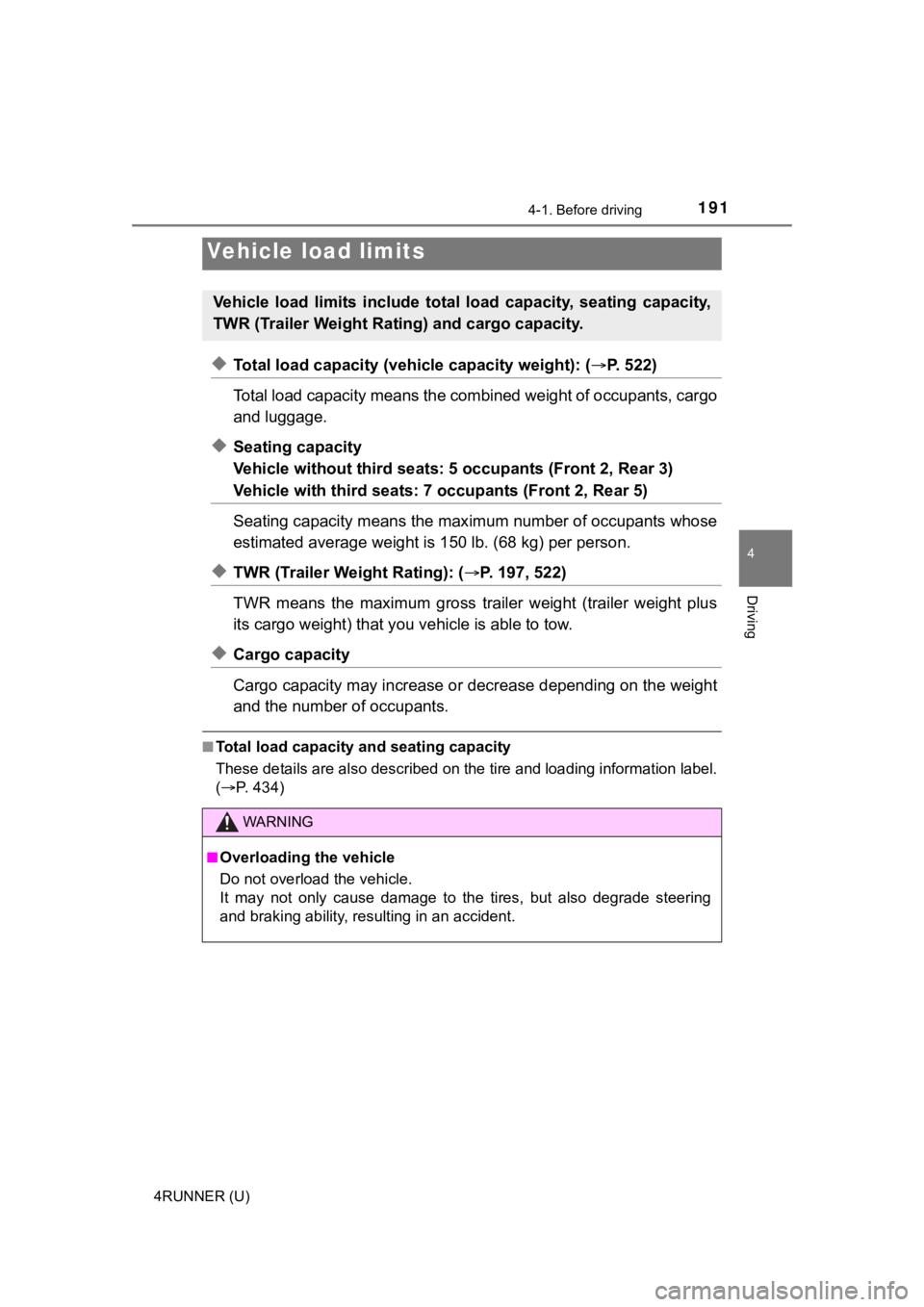 TOYOTA 4RUNNER 2020  Owners Manual (in English) 1914-1. Before driving
4
Driving
4RUNNER (U)
◆Total load capacity (vehicle capacity weight): (P.   5 2 2 )  
Total load capacity means the co mbined weight of occupants, cargo
and luggage. 
◆Se