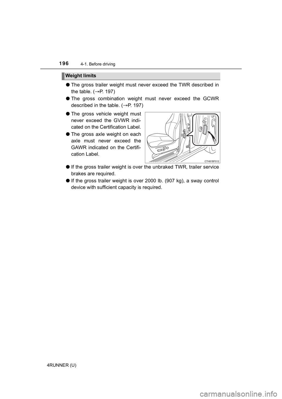 TOYOTA 4RUNNER 2020  Owners Manual (in English) 1964-1. Before driving
4RUNNER (U)
●The  gross  trailer  weight  must  never  exceed  the TWR  described  in
the table. ( P.   1 9 7 )
● The  gross  combination  weight  must  never  exceed  th
