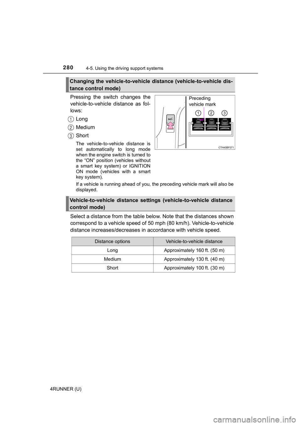 TOYOTA 4RUNNER 2020  Owners Manual (in English) 2804-5. Using the driving support systems
4RUNNER (U)
Pressing  the  switch  changes  the
vehicle-to-vehicle  distance  as  fol-
lows:
Long
Medium
Short
The  vehicle-to-vehicle  distance  is
set  auto