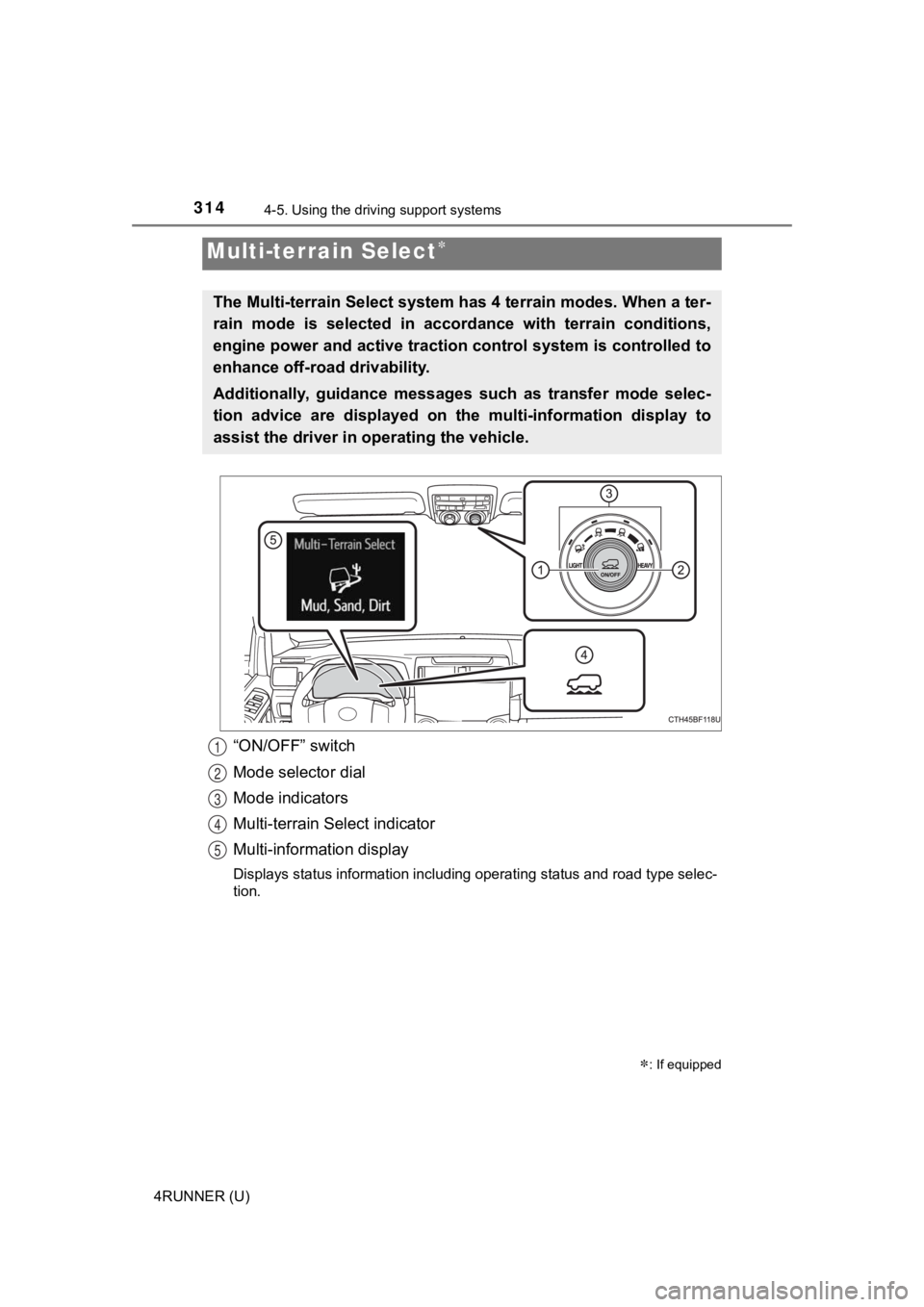 TOYOTA 4RUNNER 2020  Owners Manual (in English) 3144-5. Using the driving support systems
4RUNNER (U)
“ON/OFF” switch
Mode selector dial
Mode indicators
Multi-terrain Select indicator
Multi-information display
Displays status information includ