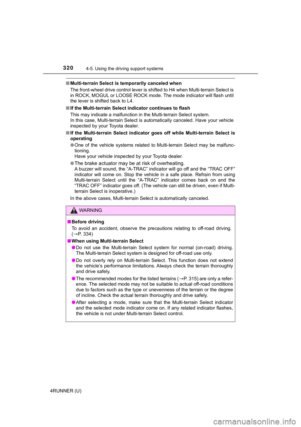 TOYOTA 4RUNNER 2020  Owners Manual (in English) 3204-5. Using the driving support systems
4RUNNER (U)
■Multi-terrain Select is temporarily canceled when
The front-wheel drive control lever is shifted to H4 when Multi -terrain Select is
in ROCK, M