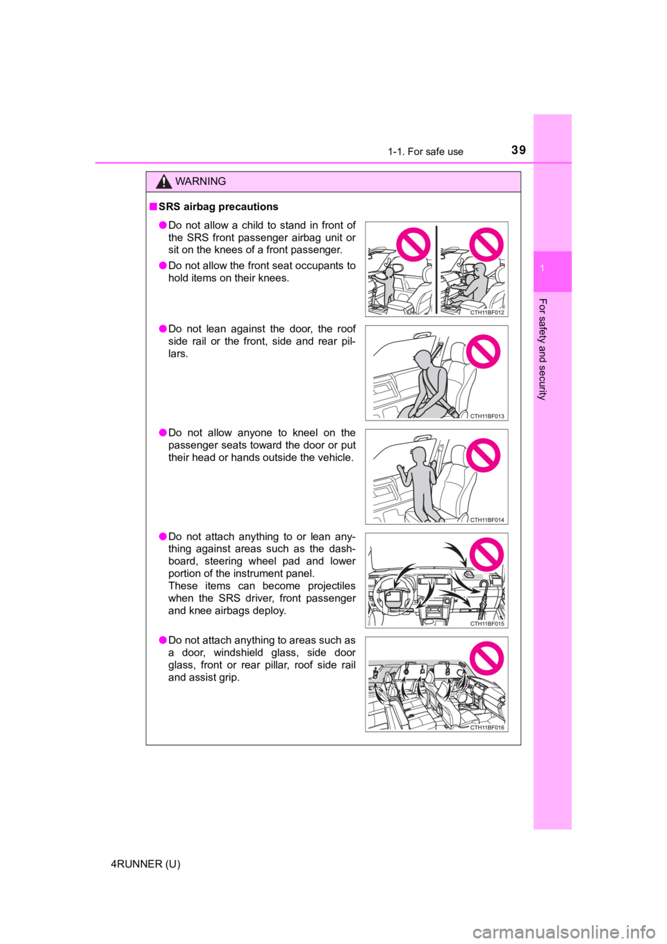 TOYOTA 4RUNNER 2020  Owners Manual (in English) 391-1. For safe use
1
For safety and security
4RUNNER (U)
WARNING
■SRS airbag precautions
● Do  not  allow  a  child  to  stand  in  front  of
the  SRS  front  passenger  airbag  unit  or
sit on t