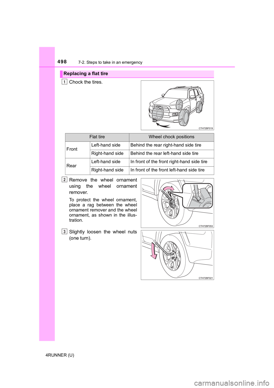 TOYOTA 4RUNNER 2020  Owners Manual (in English) 4987-2. Steps to take in an emergency
4RUNNER (U)
Chock the tires.
Remove  the  wheel  ornament
using  the  wheel  ornament
remover.
To  protect  the  wheel  ornament,
place  a  rag  between  the  whe