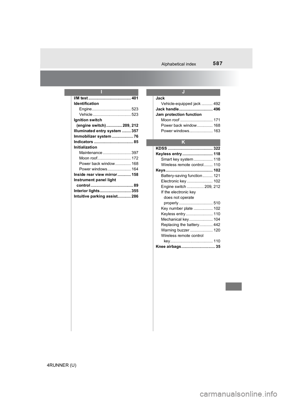 TOYOTA 4RUNNER 2020 Owners Manual (in English) 587Alphabetical index
4RUNNER (U)
I/M test ...................................... 401
IdentificationEngine................................... 523
Vehicle .................................. 523
Ignitio TOYOTA 4RUNNER 2020 Owners Manual (in English) 587Alphabetical index
4RUNNER (U)
I/M test ...................................... 401
IdentificationEngine................................... 523
Vehicle .................................. 523
Ignitio