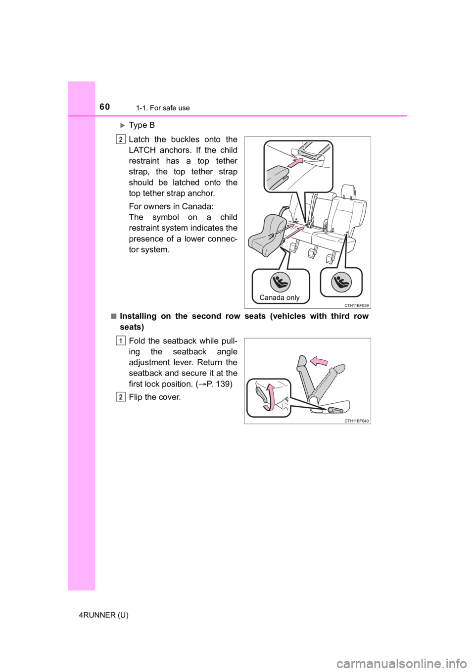 TOYOTA 4RUNNER 2020   (in English) Workshop Manual 601-1. For safe use
4RUNNER (U)
Ty p e   B
Latch  the  buckles  onto  the
LATCH  anchors.  If  the  child
restraint  has  a  top  tether
strap,  the  top  tether  strap
should  be  latched  onto  t