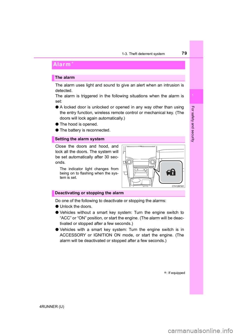 TOYOTA 4RUNNER 2020   (in English) Manual PDF 791-3. Theft deterrent system
1
For safety and security
4RUNNER (U)
The  alarm  uses  light  and  sound  to  give  an  alert  when  an  intrusion  is
detected.
The  alarm  is  triggered  in  the  foll