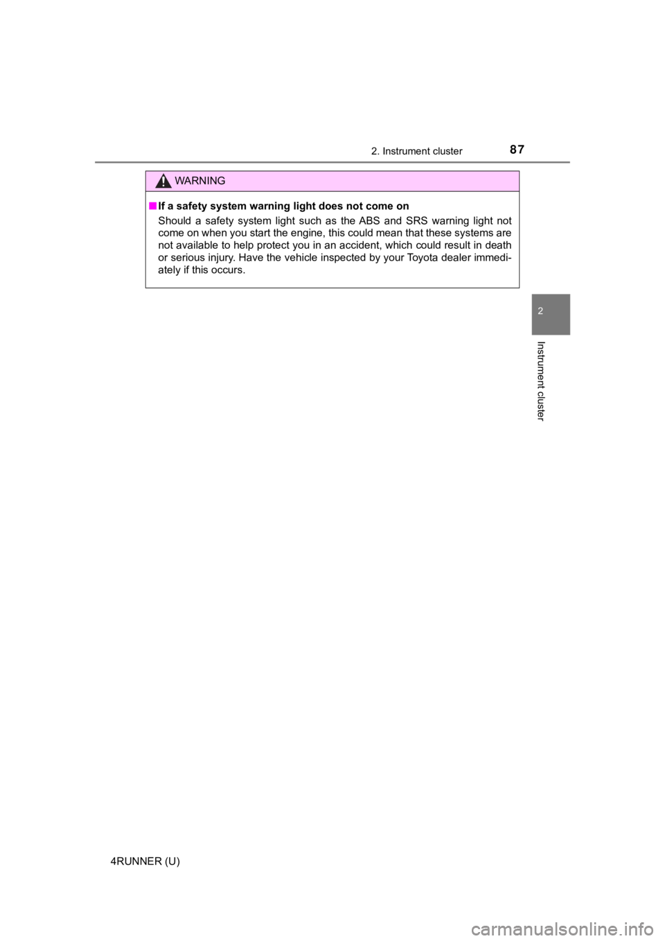 TOYOTA 4RUNNER 2020   (in English) Manual Online 872. Instrument cluster
2
Instrument cluster
4RUNNER (U)
WARNING
■If a safety system warning light does not come on 
Should  a  safety  system  light  such  as  the ABS  and  SRS  warning  li ght  n