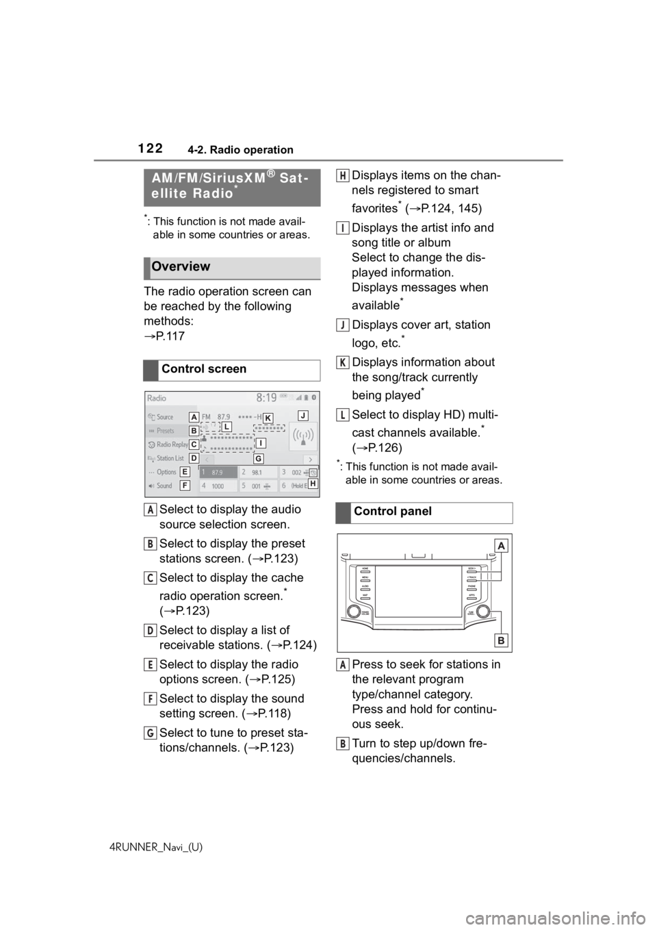 TOYOTA 4RUNNER 2020 Accessories, Audio & Navigation (in English) 1224-2. Radio operation
4RUNNER_Navi_(U)
4-2.Radio operation
*: This function is not made avail-able in some countries or areas.
The radio operation screen can
be reached by the following
methods:
TOYOTA 4RUNNER 2020 Accessories, Audio & Navigation (in English) 1224-2. Radio operation
4RUNNER_Navi_(U)
4-2.Radio operation
*: This function is not made avail-able in some countries or areas.
The radio operation screen can
be reached by the following
methods: