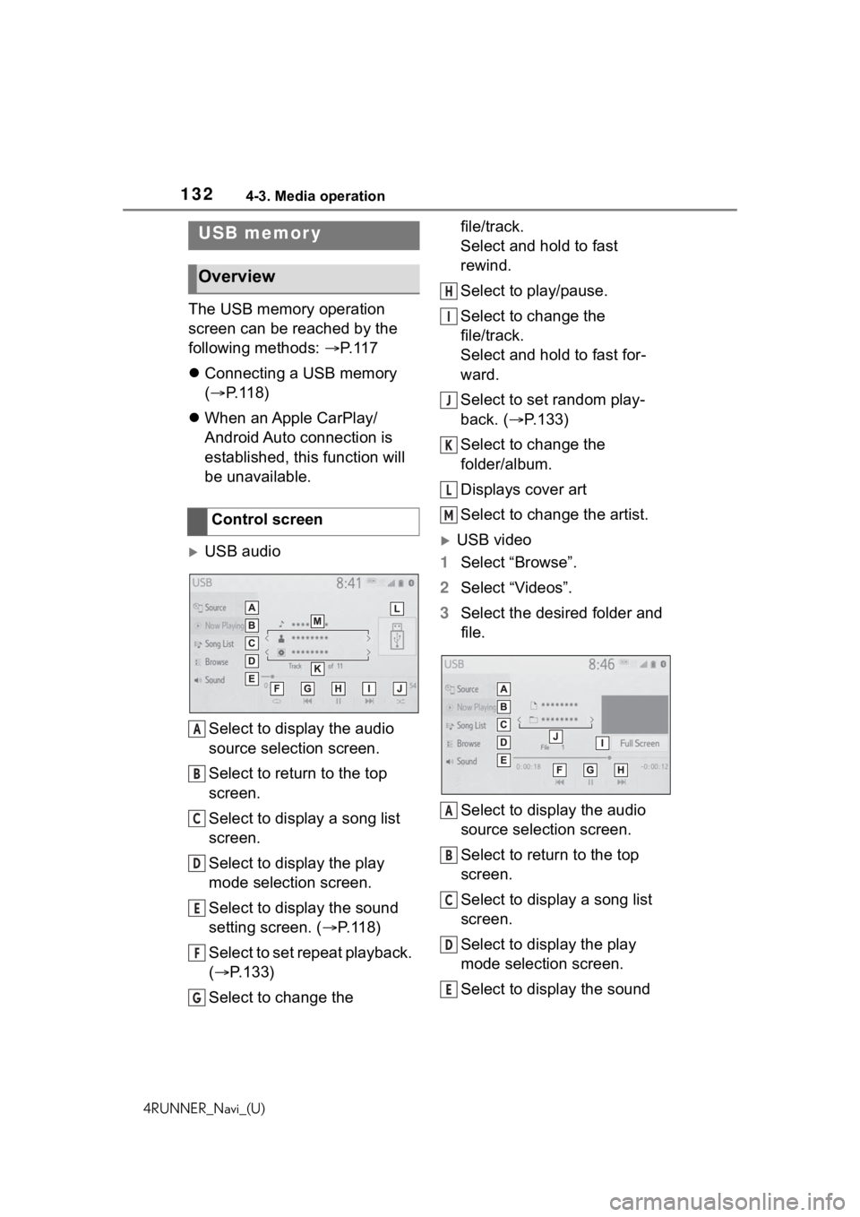 TOYOTA 4RUNNER 2020 Accessories, Audio & Navigation (in English) 1324-3. Media operation
4RUNNER_Navi_(U)
4-3.Media operation
The USB memory operation
screen can be reached by the
following methods: P. 1 1 7
Connecting a USB memory
( P. 1 1 8 )
Whe TOYOTA 4RUNNER 2020 Accessories, Audio & Navigation (in English) 1324-3. Media operation
4RUNNER_Navi_(U)
4-3.Media operation
The USB memory operation
screen can be reached by the
following methods: P. 1 1 7
Connecting a USB memory
( P. 1 1 8 )
Whe