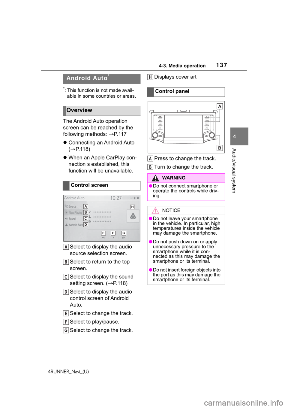 TOYOTA 4RUNNER 2020 Accessories, Audio & Navigation (in English) 1374-3. Media operation
4RUNNER_Navi_(U)
4
Audio/visual system
*: This function is not made avail- able in some countries or areas.
The Android Auto operation
screen can be reached by the
following TOYOTA 4RUNNER 2020 Accessories, Audio & Navigation (in English) 1374-3. Media operation
4RUNNER_Navi_(U)
4
Audio/visual system
*: This function is not made avail- able in some countries or areas.
The Android Auto operation
screen can be reached by the
following