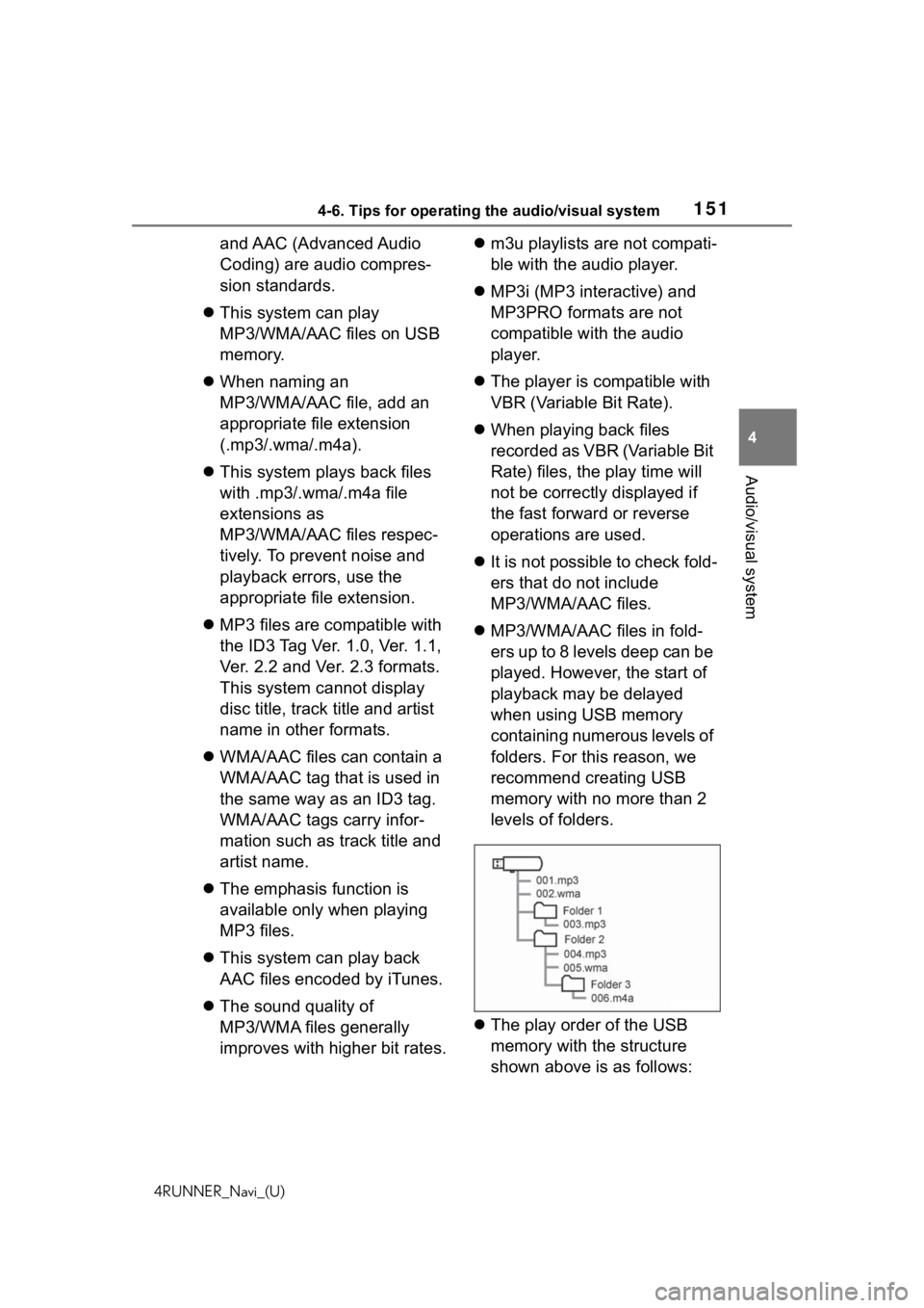 TOYOTA 4RUNNER 2020 Accessories, Audio & Navigation (in English) 1514-6. Tips for operating the audio/visual system
4RUNNER_Navi_(U)
4
Audio/visual system
and AAC (Advanced Audio
Coding) are audio compres-
sion standards.
This system can play
MP3/WMA/AAC file TOYOTA 4RUNNER 2020 Accessories, Audio & Navigation (in English) 1514-6. Tips for operating the audio/visual system
4RUNNER_Navi_(U)
4
Audio/visual system
and AAC (Advanced Audio
Coding) are audio compres-
sion standards.
This system can play
MP3/WMA/AAC file