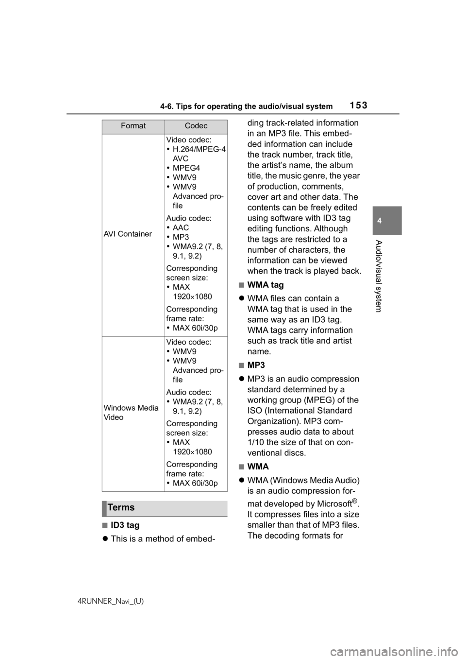 TOYOTA 4RUNNER 2020 Accessories, Audio & Navigation (in English) 1534-6. Tips for operating the audio/visual system
4RUNNER_Navi_(U)
4
Audio/visual system
ā ID3 tag
ļ¬ This is a method of embed- ding track-related information
in an MP3 file. This embed-
ded info TOYOTA 4RUNNER 2020 Accessories, Audio & Navigation (in English) 1534-6. Tips for operating the audio/visual system
4RUNNER_Navi_(U)
4
Audio/visual system
ā ID3 tag
ļ¬ This is a method of embed- ding track-related information
in an MP3 file. This embed-
ded info