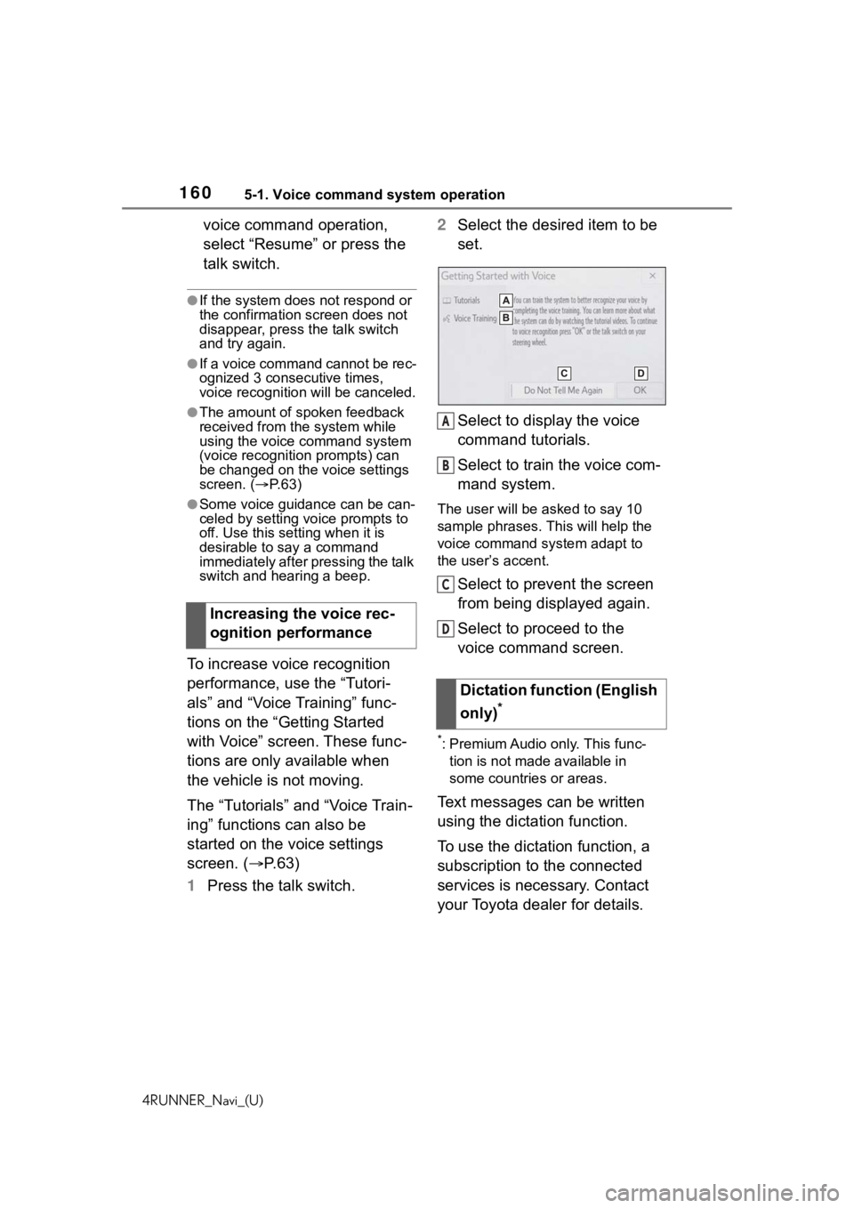 TOYOTA 4RUNNER 2020  Accessories, Audio & Navigation (in English) 1605-1. Voice command system operation
4RUNNER_Navi_(U)
voice command operation, 
select “Resume” or press the 
talk switch.
●If the system does not respond or 
the confirmation screen does not 