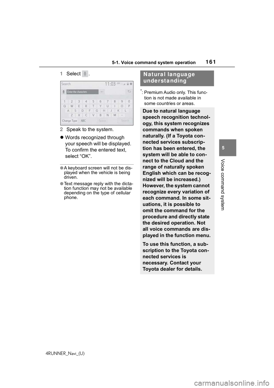 TOYOTA 4RUNNER 2020  Accessories, Audio & Navigation (in English) 1615-1. Voice command system operation
4RUNNER_Navi_(U)
5
Voice command system
1 Select  .
2 Speak to the system.
 Words recognized through 
your speech will be displayed. 
To confirm the entered t