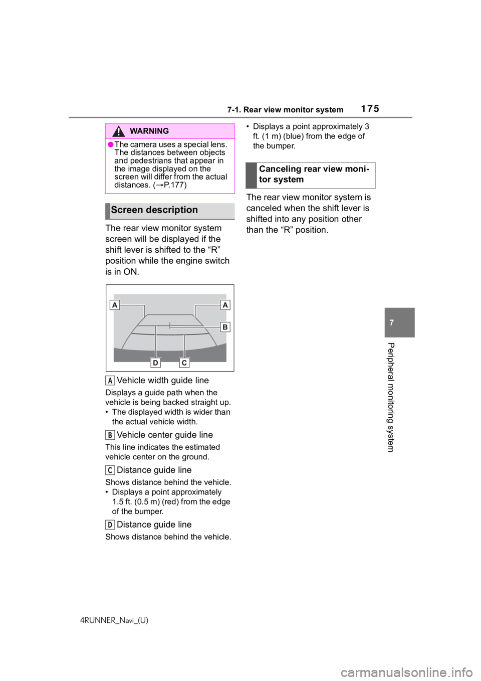 TOYOTA 4RUNNER 2020  Accessories, Audio & Navigation (in English) 1757-1. Rear view monitor system
4RUNNER_Navi_(U)
7
Peripheral monitoring system
The rear view monitor system 
screen will be displayed if the 
shift lever is shifted to the “R” 
position while th