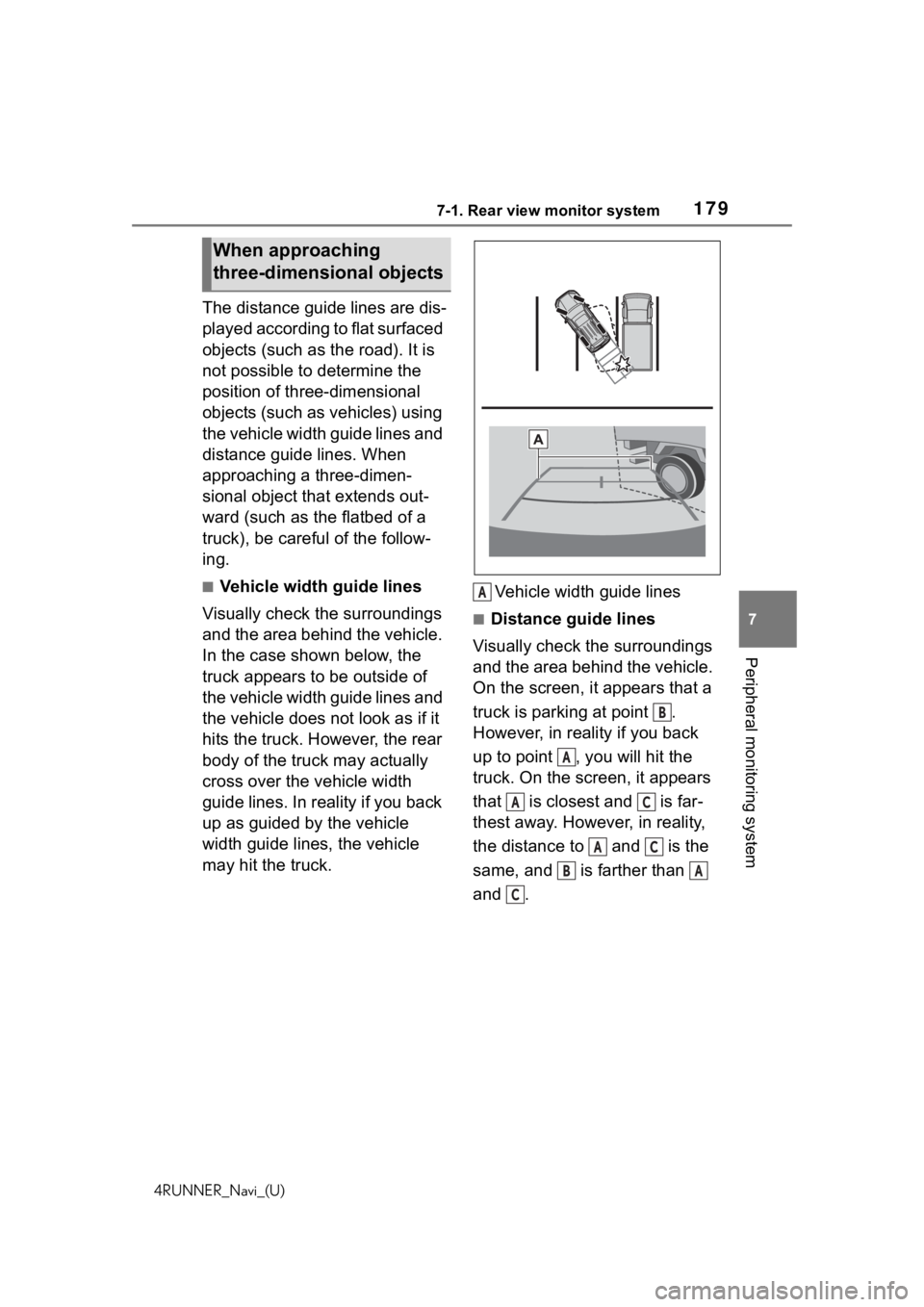 TOYOTA 4RUNNER 2020  Accessories, Audio & Navigation (in English) 1797-1. Rear view monitor system
4RUNNER_Navi_(U)
7
Peripheral monitoring system
The distance guide lines are dis-
played according to flat surfaced 
objects (such as the road). It is 
not possible to