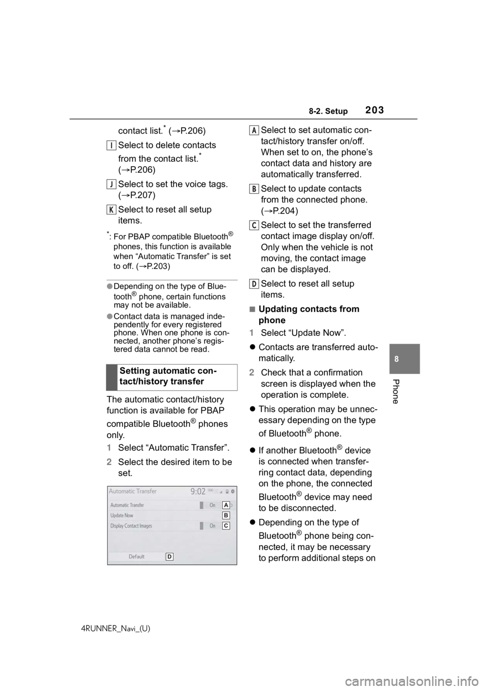 TOYOTA 4RUNNER 2020 Accessories, Audio & Navigation (in English) 2038-2. Setup
4RUNNER_Navi_(U)
8
Phone
contact list.* ( P.206)
Select to delete contacts
from the contact list.
*
( P.206)
Select to set the voice tags.
( P.207)
Select to reset all setup TOYOTA 4RUNNER 2020 Accessories, Audio & Navigation (in English) 2038-2. Setup
4RUNNER_Navi_(U)
8
Phone
contact list.* ( P.206)
Select to delete contacts
from the contact list.
*
( P.206)
Select to set the voice tags.
( P.207)
Select to reset all setup
