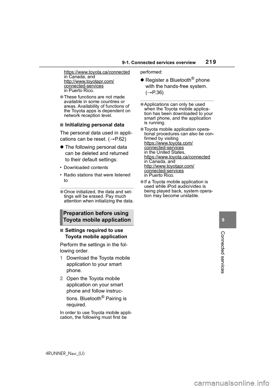TOYOTA 4RUNNER 2020 Accessories, Audio & Navigation (in English) 2199-1. Connected services overview
4RUNNER_Navi_(U)
9
Connected services
https://www.toyota.ca/connected
in Canada, and
http://www.toyotapr.com/
connected-services
in Puerto Rico.
●These functions TOYOTA 4RUNNER 2020 Accessories, Audio & Navigation (in English) 2199-1. Connected services overview
4RUNNER_Navi_(U)
9
Connected services
https://www.toyota.ca/connected
in Canada, and
http://www.toyotapr.com/
connected-services
in Puerto Rico.
●These functions
