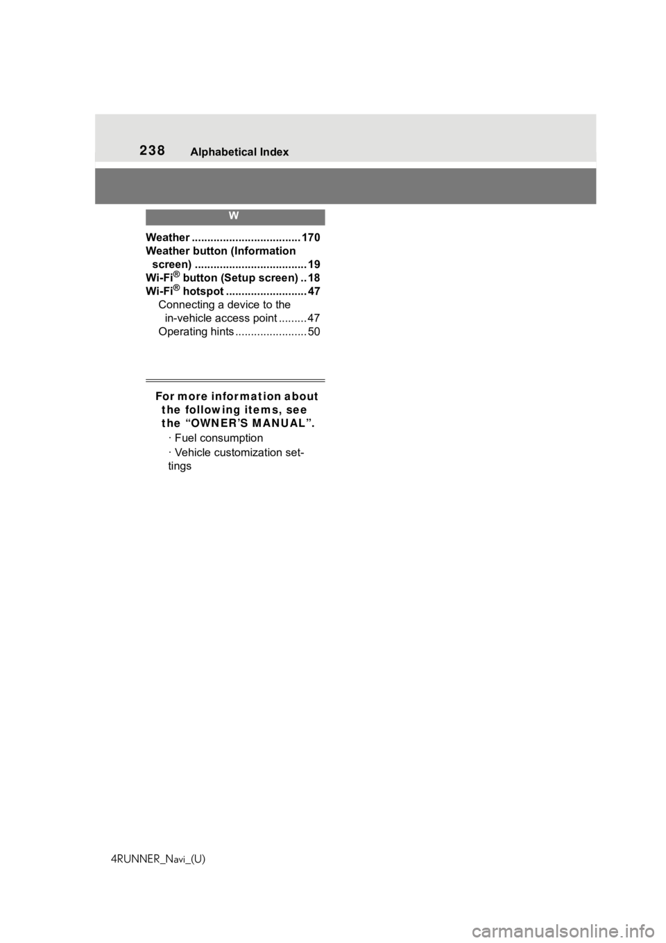 TOYOTA 4RUNNER 2020  Accessories, Audio & Navigation (in English) 238Alphabetical Index
4RUNNER_Navi_(U)
W
Weather ................................... 170
Weather button (Information  screen) .................................... 19
Wi-Fi
® button (Setup screen) .. 