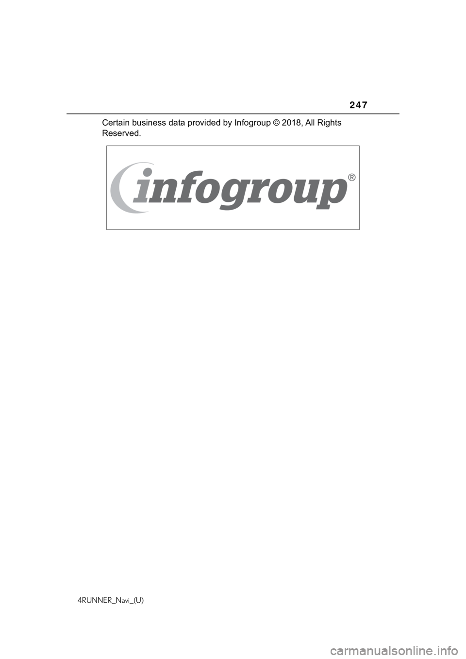 TOYOTA 4RUNNER 2020 Accessories, Audio & Navigation (in English) 247
4RUNNER_Navi_(U)
Certain business data provided by Infogroup © 2018, All Rights
Reserved. TOYOTA 4RUNNER 2020 Accessories, Audio & Navigation (in English) 247
4RUNNER_Navi_(U)
Certain business data provided by Infogroup © 2018, All Rights
Reserved.