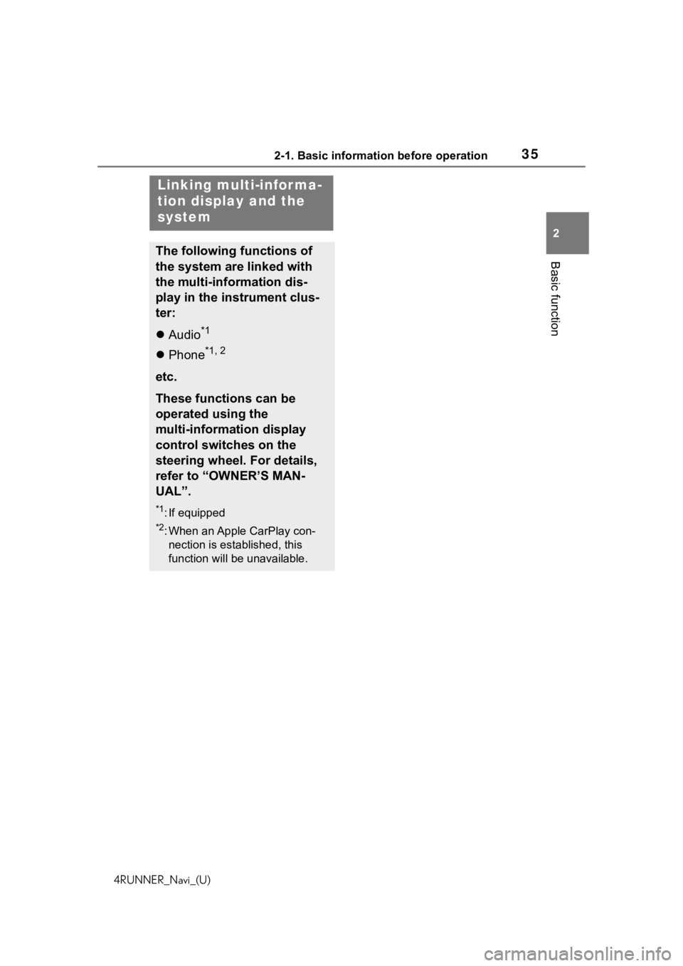 TOYOTA 4RUNNER 2020 Accessories, Audio & Navigation (in English) 352-1. Basic information before operation
4RUNNER_Navi_(U)
2
Basic function
Linking multi-infor ma-
tion display and the
system
The following functions of
the system are linked with
the multi-infor TOYOTA 4RUNNER 2020 Accessories, Audio & Navigation (in English) 352-1. Basic information before operation
4RUNNER_Navi_(U)
2
Basic function
Linking multi-infor ma-
tion display and the
system
The following functions of
the system are linked with
the multi-infor