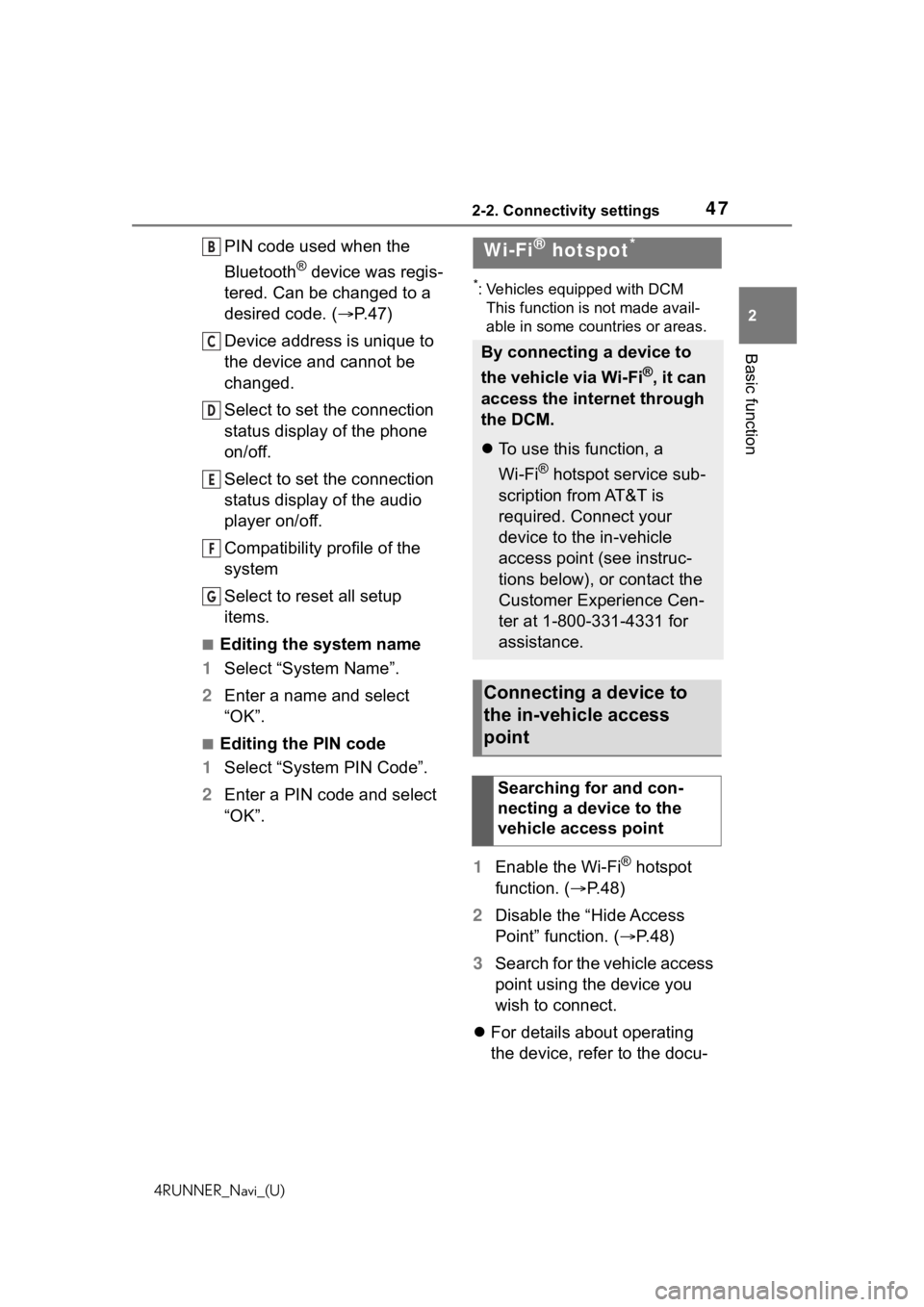 TOYOTA 4RUNNER 2020 Accessories, Audio & Navigation (in English) 472-2. Connectivity settings
4RUNNER_Navi_(U)
2
Basic function
PIN code used when the
Bluetooth
® device was regis-
tered. Can be changed to a
desired code. ( P.47)
Device address is unique to
TOYOTA 4RUNNER 2020 Accessories, Audio & Navigation (in English) 472-2. Connectivity settings
4RUNNER_Navi_(U)
2
Basic function
PIN code used when the
Bluetooth
® device was regis-
tered. Can be changed to a
desired code. ( P.47)
Device address is unique to