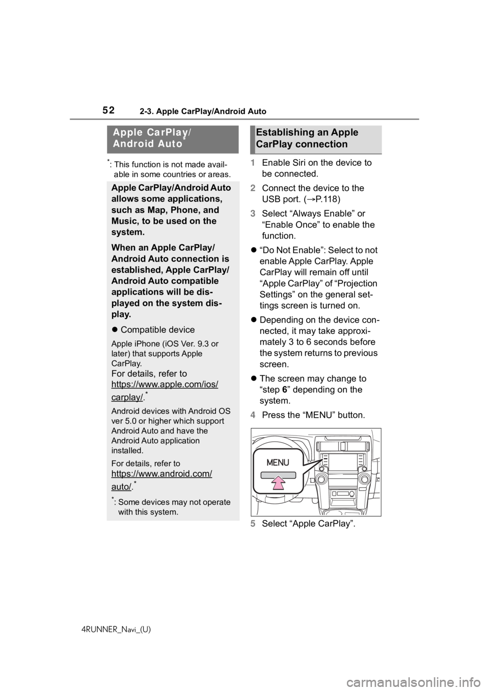 TOYOTA 4RUNNER 2020 Accessories, Audio & Navigation (in English) 522-3. Apple CarPlay/Android Auto
4RUNNER_Navi_(U)
2-3.Apple CarPlay/Android Auto
*: This function is not made avail-able in some countries or areas.1 Enable Siri on the device to
be connected.
2 Con TOYOTA 4RUNNER 2020 Accessories, Audio & Navigation (in English) 522-3. Apple CarPlay/Android Auto
4RUNNER_Navi_(U)
2-3.Apple CarPlay/Android Auto
*: This function is not made avail-able in some countries or areas.1 Enable Siri on the device to
be connected.
2 Con