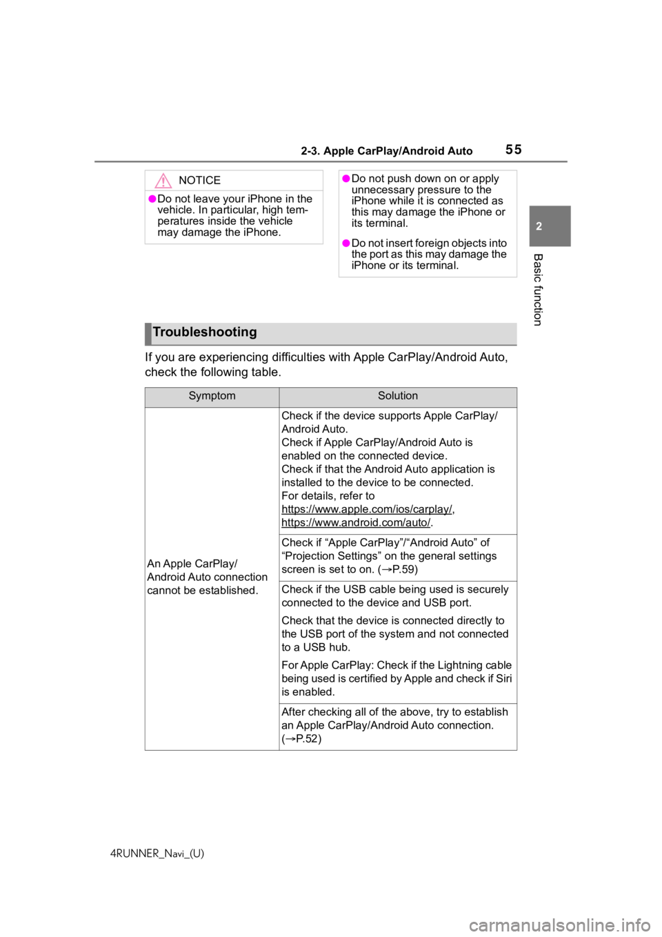 TOYOTA 4RUNNER 2020 Accessories, Audio & Navigation (in English) 552-3. Apple CarPlay/Android Auto
4RUNNER_Navi_(U)
2
Basic function
If you are experiencing difficulti es with Apple CarPlay/Android Auto,
check the following table.
NOTICE
●Do not leave your iPhon TOYOTA 4RUNNER 2020 Accessories, Audio & Navigation (in English) 552-3. Apple CarPlay/Android Auto
4RUNNER_Navi_(U)
2
Basic function
If you are experiencing difficulti es with Apple CarPlay/Android Auto,
check the following table.
NOTICE
●Do not leave your iPhon