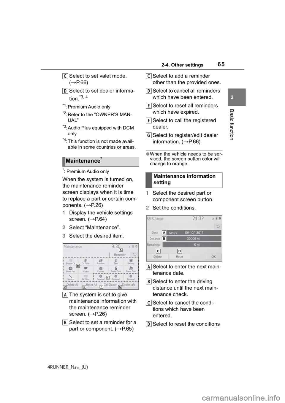 TOYOTA 4RUNNER 2020 Accessories, Audio & Navigation (in English) 652-4. Other settings
4RUNNER_Navi_(U)
2
Basic function
Select to set valet mode.
( P. 6 6 )
Select to set dealer informa-
tion.
*3, 4
*1: Premium Audio only
*2: Refer to the “OWNER’S MAN- UAL TOYOTA 4RUNNER 2020 Accessories, Audio & Navigation (in English) 652-4. Other settings
4RUNNER_Navi_(U)
2
Basic function
Select to set valet mode.
( P. 6 6 )
Select to set dealer informa-
tion.
*3, 4
*1: Premium Audio only
*2: Refer to the “OWNER’S MAN- UAL