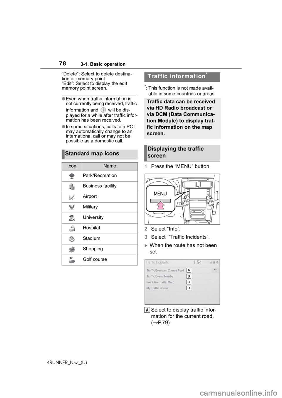 TOYOTA 4RUNNER 2020  Accessories, Audio & Navigation (in English) 783-1. Basic operation
4RUNNER_Navi_(U)“Delete”: Select to delete destina-
tion or memory point.
“Edit”: Select to display the edit 
memory point screen.
●Even when traffic information is 
n