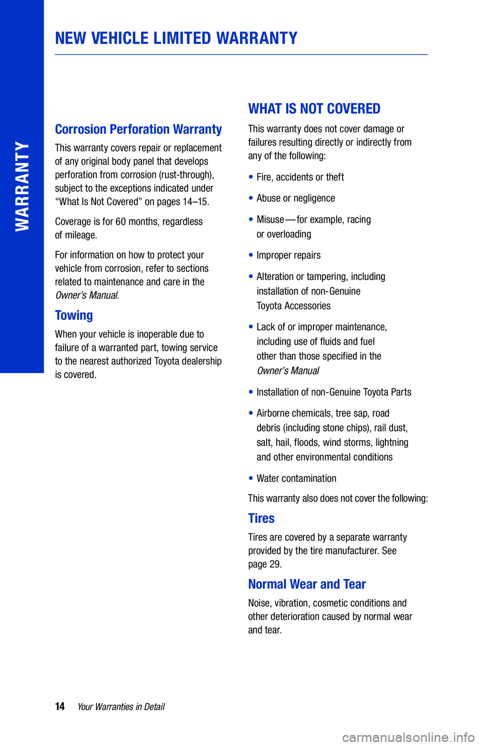 TOYOTA 4RUNNER 2020  Warranties & Maintenance Guides (in English) 14Your Warranties in Detail
WARRANTY
 
 
Corrosion Perforation Warranty 
This warranty covers repair or replacement 
of any original body panel that develops 
perforation from corrosion (rust-through)