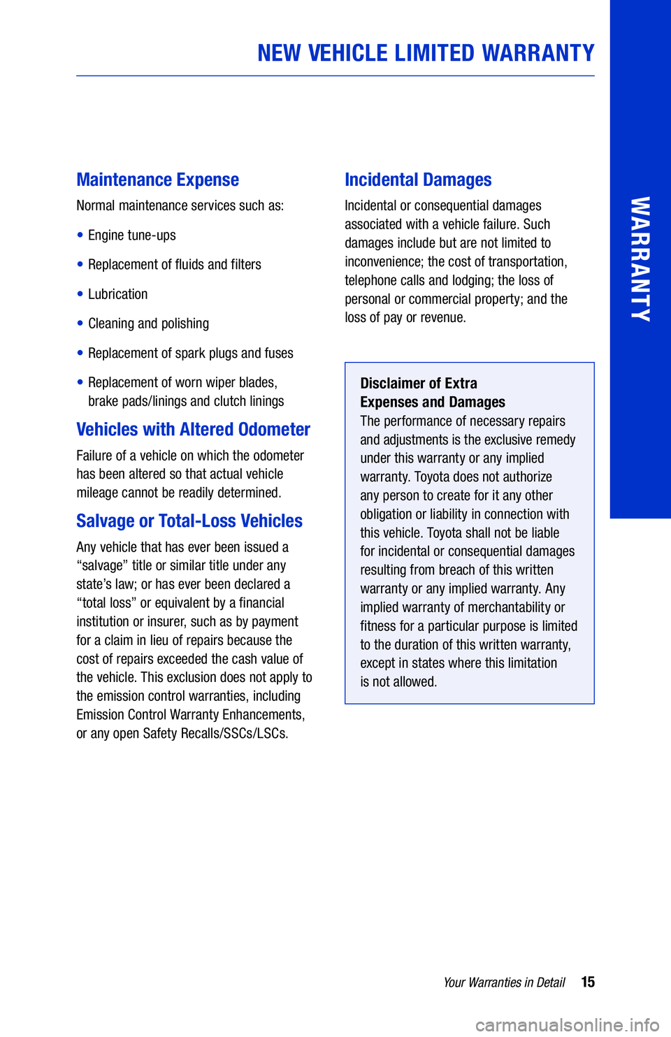 TOYOTA 4RUNNER 2020  Warranties & Maintenance Guides (in English) 15Your Warranties in Detail
WARRANTY
NEW VEHICLE LIMITED WARRANTY
 
 
Maintenance Expense
Normal maintenance services such as:
• Engine tune-ups
• Replacement of fluids and filters
• Lubrication