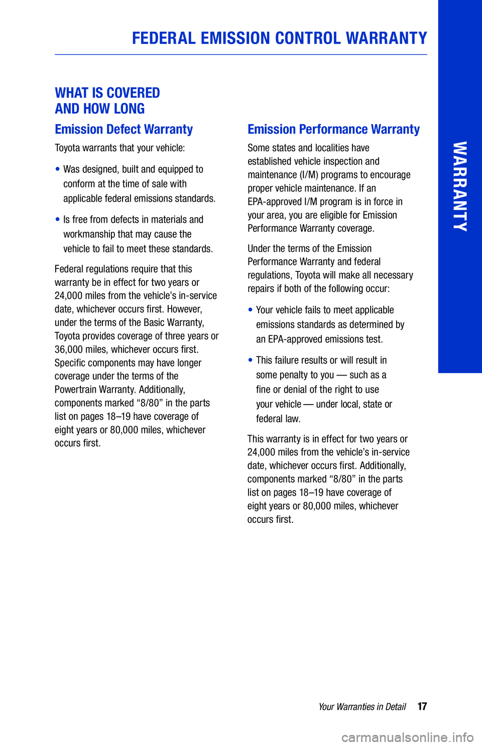 TOYOTA 4RUNNER 2020  Warranties & Maintenance Guides (in English) 17Your Warranties in Detail
WARRANTY
 
WHAT IS COVERED  
AND HOW LONG
Emission Defect Warranty
Toyota warrants that your vehicle:
•  Was designed, built and equipped to 
conform at the time of sale 