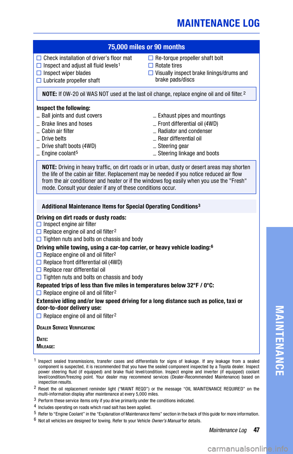 TOYOTA 4RUNNER 2020  Warranties & Maintenance Guides (in English) 47Maintenance Log
Re-torque propeller shaft bolt 
Rotate tires
 Visually inspect brake linings/drums and 
brake pads/discs
75,000 miles or 90 months
Check installation of driver’s floor mat
Inspect 