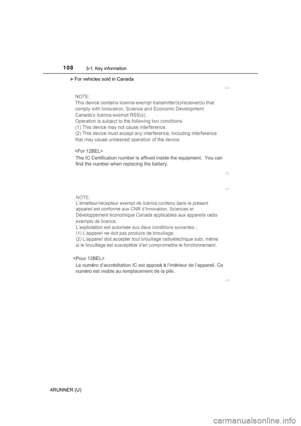 TOYOTA 4RUNNER 2021 Owners Manual (in English) 1083-1. Key information
4RUNNER (U)
For vehicles sold in Canada TOYOTA 4RUNNER 2021 Owners Manual (in English) 1083-1. Key information
4RUNNER (U)
For vehicles sold in Canada