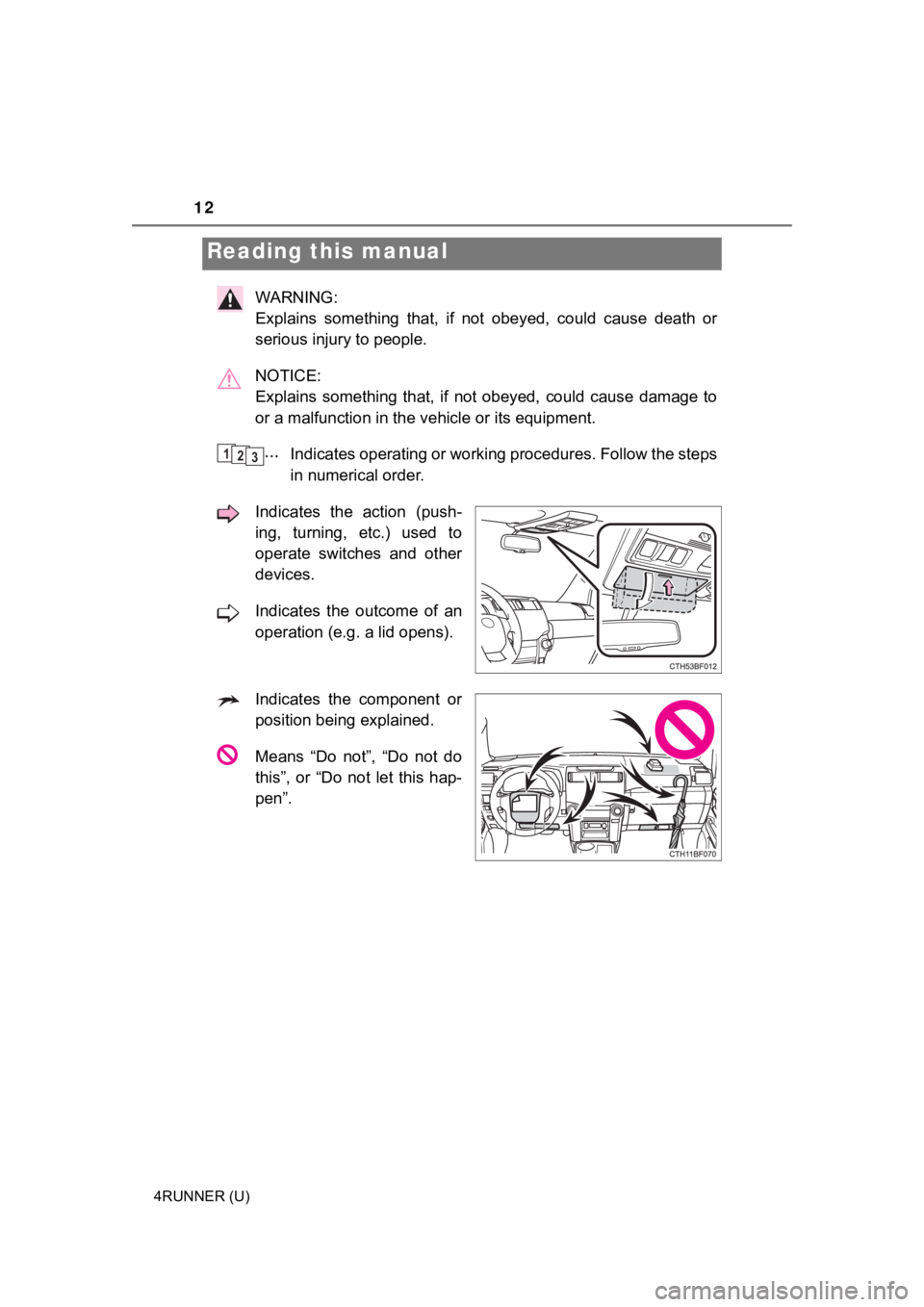 TOYOTA 4RUNNER 2021  Owners Manual (in English) 12
4RUNNER (U)
WARNING: 
Explains  something  that,  if  not obeyed, could cause death or
serious injury to people.
NOTICE: 
Explains  something  that,  if  not  obeyed,  could  cause  damage  to
or a