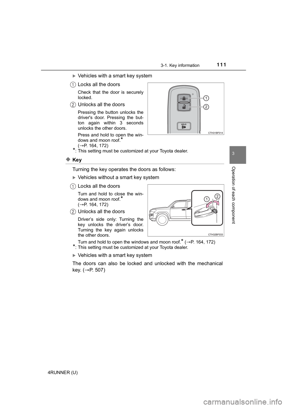 TOYOTA 4RUNNER 2021 Owners Manual (in English) 1113-1. Key information
3
Operation of each component
4RUNNER (U)
Vehicles with a smart key system
Locks all the doors
Check that the door is securely
locked.
Unlocks all the doors
Pressing t TOYOTA 4RUNNER 2021 Owners Manual (in English) 1113-1. Key information
3
Operation of each component
4RUNNER (U)
Vehicles with a smart key system
Locks all the doors
Check that the door is securely
locked.
Unlocks all the doors
Pressing t