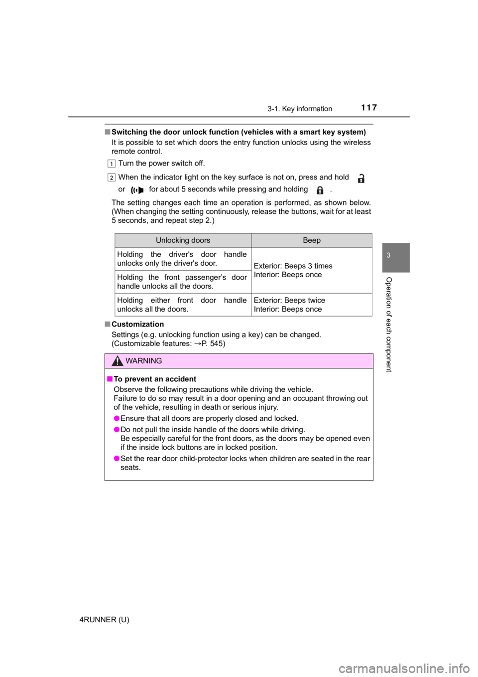 TOYOTA 4RUNNER 2021 Owners Manual (in English) 1173-1. Key information
3
Operation of each component
4RUNNER (U)
■Switching the door unlock func tion (vehicles with a smart key system)
It is possible to set which doors the entry function unlocks TOYOTA 4RUNNER 2021 Owners Manual (in English) 1173-1. Key information
3
Operation of each component
4RUNNER (U)
■Switching the door unlock func tion (vehicles with a smart key system)
It is possible to set which doors the entry function unlocks