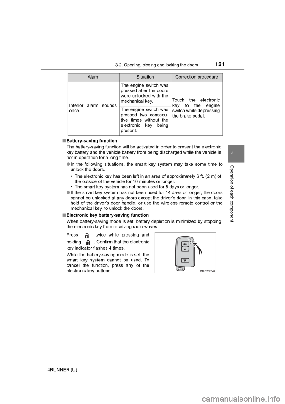 TOYOTA 4RUNNER 2021 Owners Manual (in English) 1213-2. Opening, closing and locking the doors
3
Operation of each component
4RUNNER (U)■
Battery-saving function
The battery-saving function will be activated in order to preve nt the electronic
ke TOYOTA 4RUNNER 2021 Owners Manual (in English) 1213-2. Opening, closing and locking the doors
3
Operation of each component
4RUNNER (U)■
Battery-saving function
The battery-saving function will be activated in order to preve nt the electronic
ke