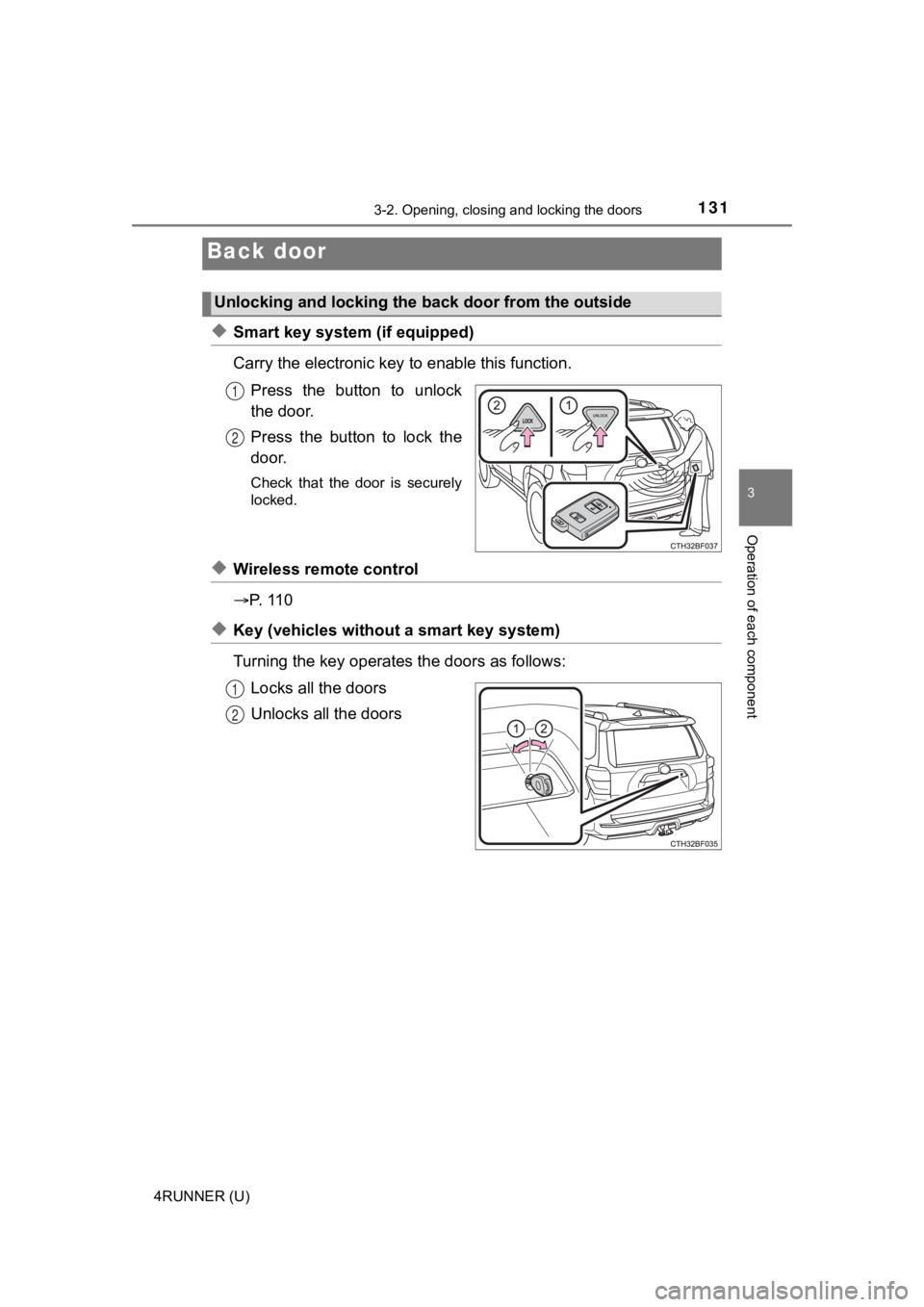 TOYOTA 4RUNNER 2021 Owners Manual (in English) 1313-2. Opening, closing and locking the doors
3
Operation of each component
4RUNNER (U)
◆Smart key system (if equipped)
Carry the electronic key to enable this function.
Press the button to unl TOYOTA 4RUNNER 2021 Owners Manual (in English) 1313-2. Opening, closing and locking the doors
3
Operation of each component
4RUNNER (U)
◆Smart key system (if equipped)
Carry the electronic key to enable this function.
Press the button to unl