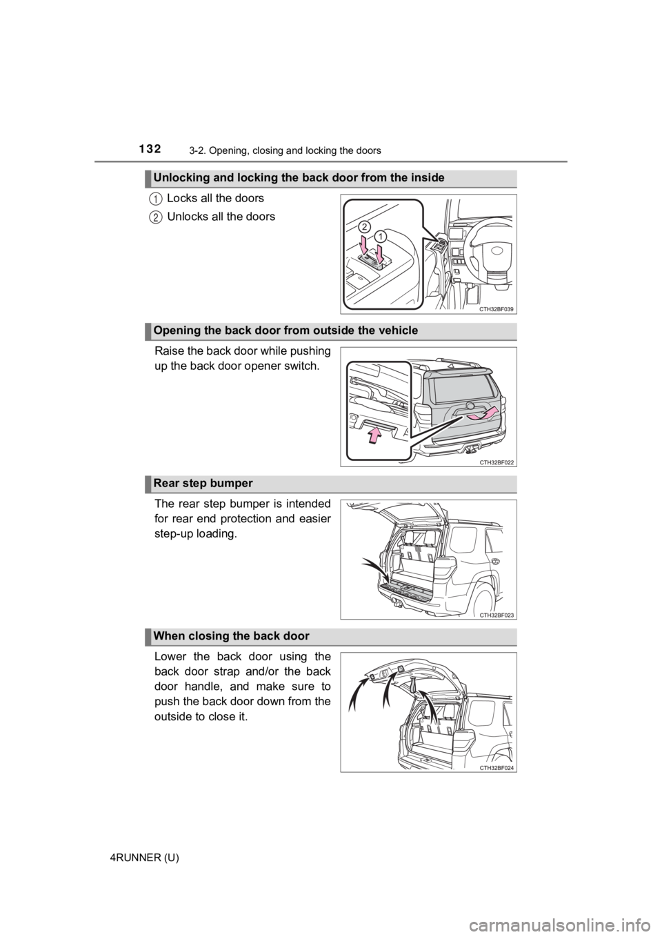 TOYOTA 4RUNNER 2021 Owners Manual (in English) 1323-2. Opening, closing and locking the doors
4RUNNER (U)
Locks all the doors
Unlocks all the doors
Raise the back door while pushing
up the back door opener switch.
The rear step bumper is inte TOYOTA 4RUNNER 2021 Owners Manual (in English) 1323-2. Opening, closing and locking the doors
4RUNNER (U)
Locks all the doors
Unlocks all the doors
Raise the back door while pushing
up the back door opener switch.
The rear step bumper is inte