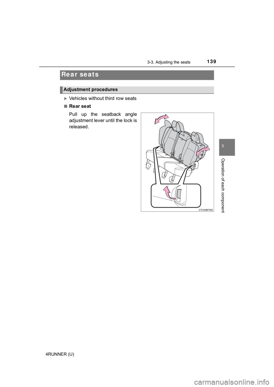 TOYOTA 4RUNNER 2021 Owners Manual (in English) 1393-3. Adjusting the seats
3
Operation of each component
4RUNNER (U)
Vehicles without third row seats
■Rear seat
Pull up the seatback angle
adjustment lever until the lock is
released.
Rear TOYOTA 4RUNNER 2021 Owners Manual (in English) 1393-3. Adjusting the seats
3
Operation of each component
4RUNNER (U)
Vehicles without third row seats
■Rear seat
Pull up the seatback angle
adjustment lever until the lock is
released.
Rear