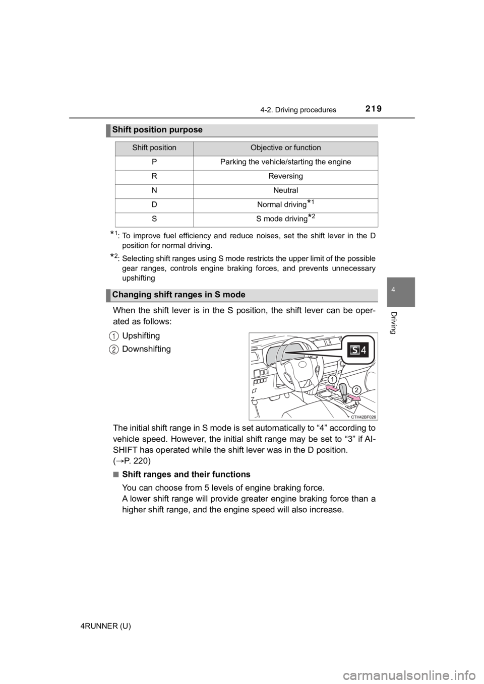 TOYOTA 4RUNNER 2021 Owners Manual (in English) 2194-2. Driving procedures
4
Driving
4RUNNER (U)
*1: To improve fuel efficiency and reduce noises, set the shift lever in the D
position for normal driving.
*2: Selecting shift ranges usi TOYOTA 4RUNNER 2021 Owners Manual (in English) 2194-2. Driving procedures
4
Driving
4RUNNER (U)
*1: To improve fuel efficiency and reduce noises, set the shift lever in the D
position for normal driving.
*2: Selecting shift ranges usi