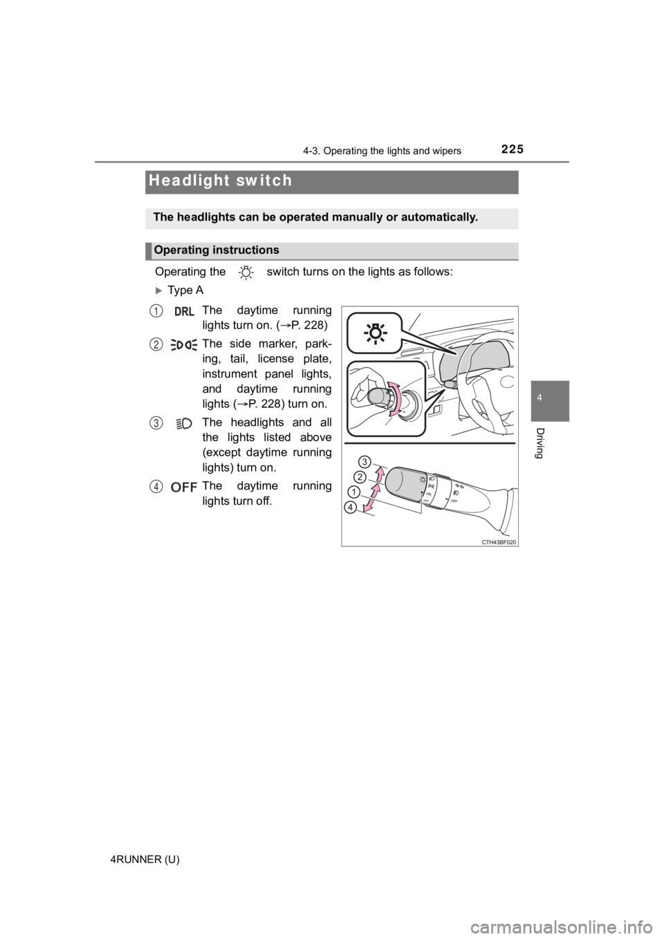 TOYOTA 4RUNNER 2021 Owners Manual (in English) 225
4
Driving
4RUNNER (U)
4-3. Operating the lights and wipers
Operating the switch turn s on the lights as follows:
Ty p e A
The daytime runninglights turn on. ( P. 228)
The side marker, TOYOTA 4RUNNER 2021 Owners Manual (in English) 225
4
Driving
4RUNNER (U)
4-3. Operating the lights and wipers
Operating the switch turn s on the lights as follows:
Ty p e A
The daytime runninglights turn on. ( P. 228)
The side marker,