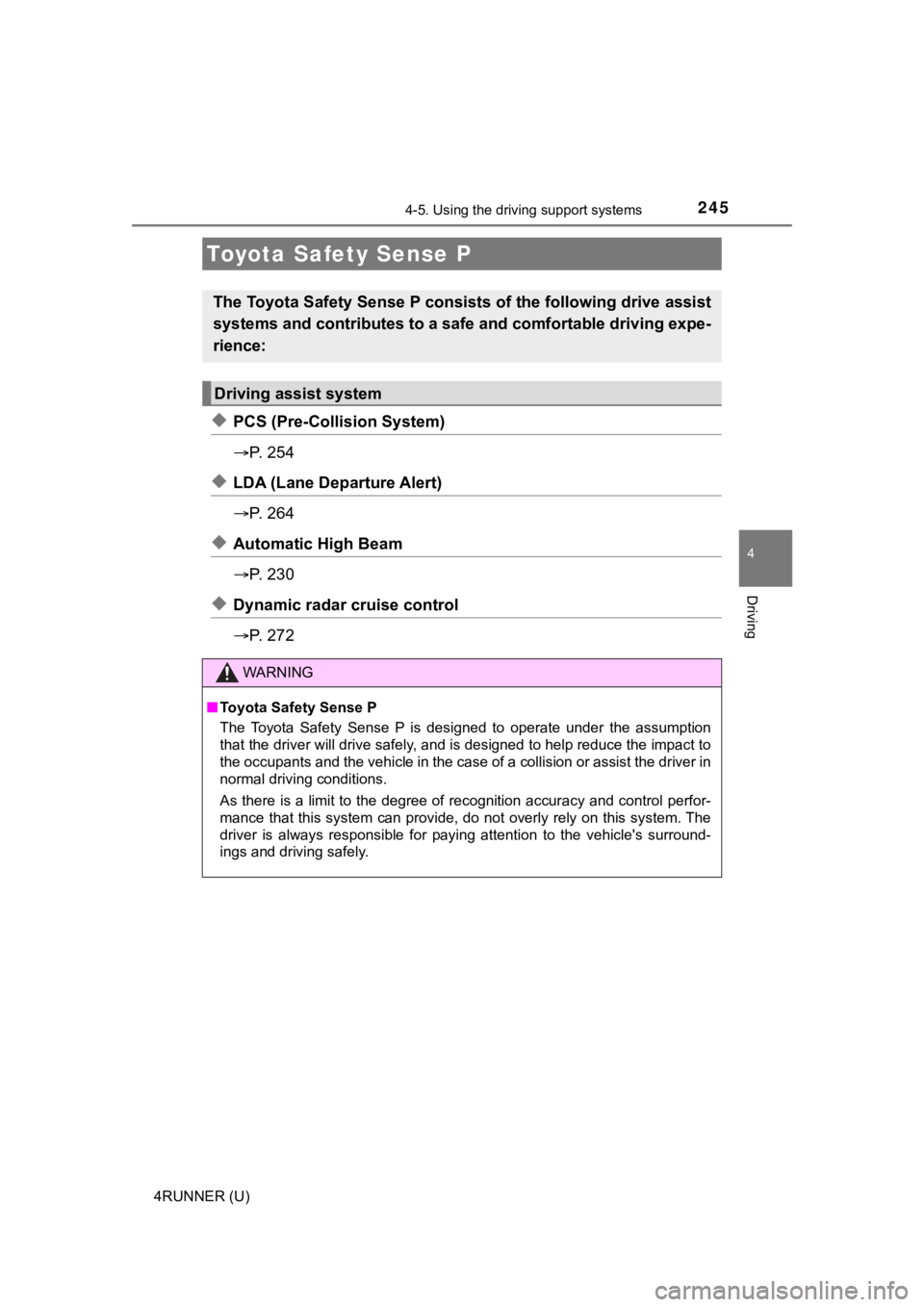 TOYOTA 4RUNNER 2021  Owners Manual (in English) 245
4
Driving
4RUNNER (U)
4-5. Using the driving support systems
◆PCS (Pre-Collision System)
P.   2 5 4
◆LDA (Lane Departure Alert)
P.   2 6 4
◆Automatic High Beam
P.   2 3 0
◆Dynamic